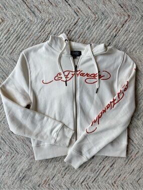 Ed Hardy Cream Zip Hoodie with Red Script Logo